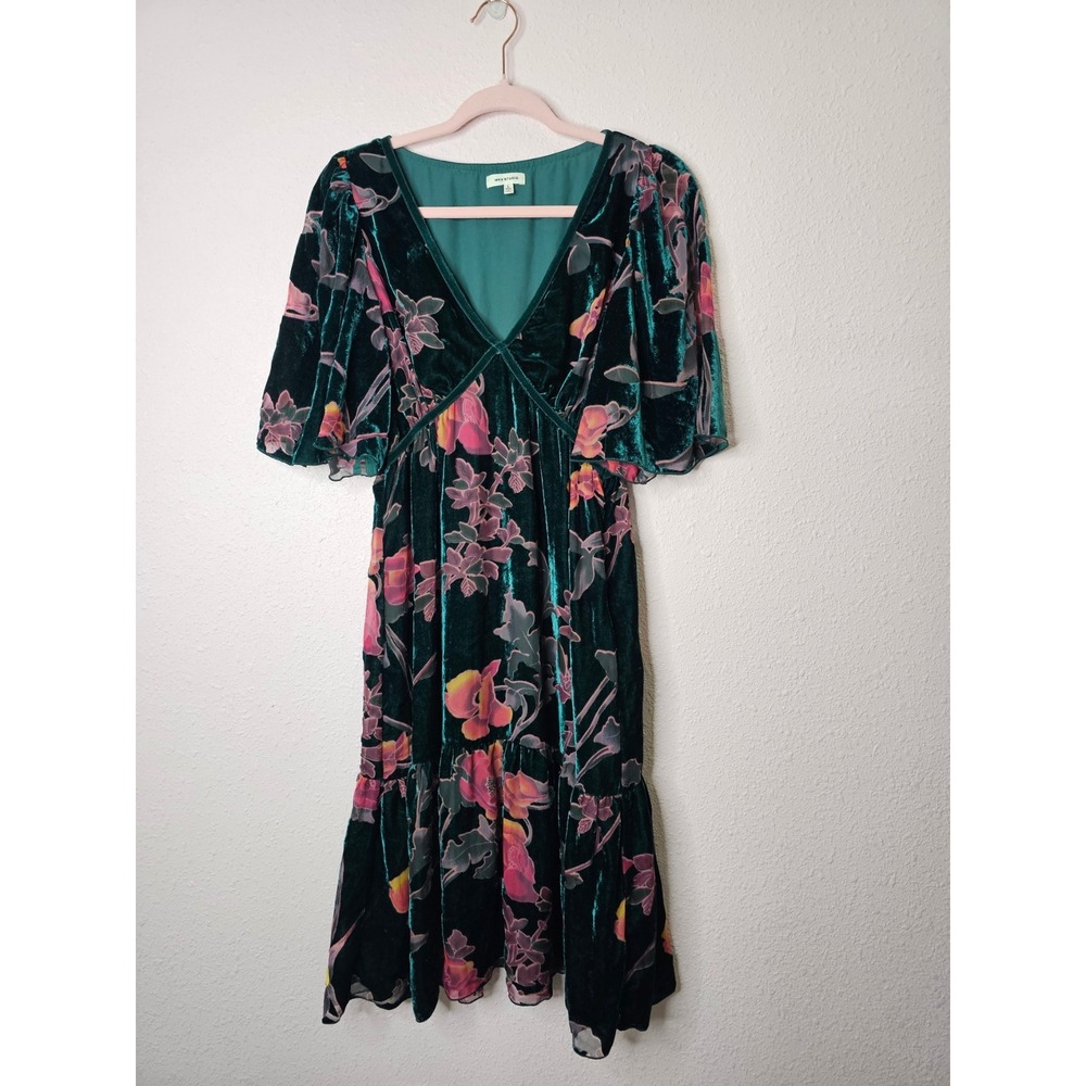 Max Studio Womens Emerald Green Floral Velvet Burnout Babydoll Midi Dress Large